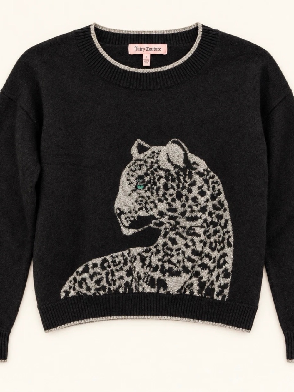 Juicy Couture Black Crewneck Sweater with Silver Leopard Intarsia | Size S